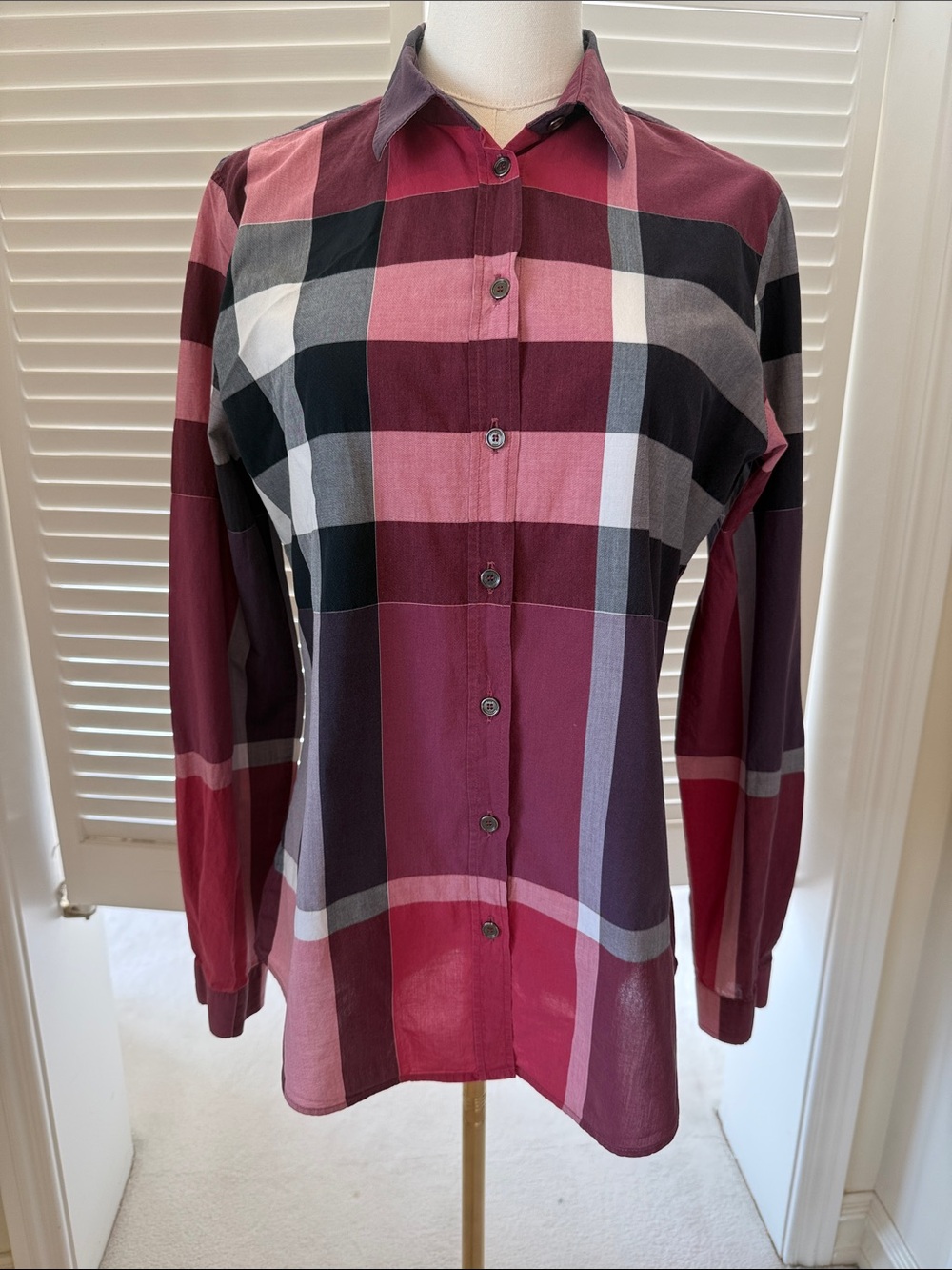 Burberry Brit Pink & Burgundy Plaid Nova Check Button Down Shirt - Women's Size